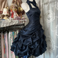 Dark blue halter neck fitted waist slim-fitting ball gown with a full skirt R7584