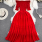 Gentle style, super fairy, one shoulder, off-shoulder, waist, slim, A-line dress, seaside holiday, long skirt R0372