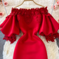 Retro French style waisted hip dress long skirt lace one-shoulder off-shoulder lantern sleeve dress R0383