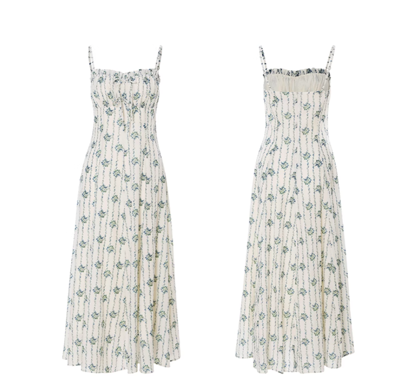French floral suspender dress tea break small fresh sleeveless long dress R2691
