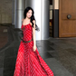 Temperament wear holiday skirt red plaid big swing tall long skirt suspender dress R1742
