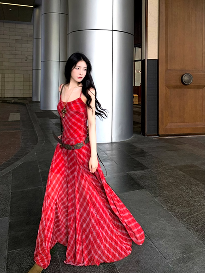 Temperament wear holiday skirt red plaid big swing tall long skirt suspender dress R1742