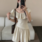 Pleated age-reducing one-shoulder flying sleeves two-way dress R2093