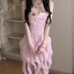 Ruffled purple flower suspender dress gentle temperament waist A-line beach dress R0792