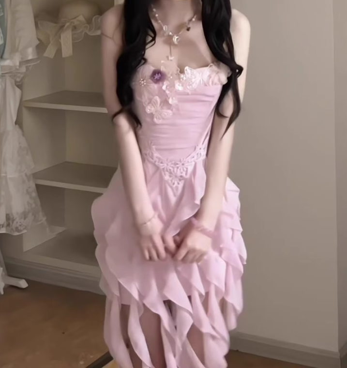 Ruffled purple flower suspender dress gentle temperament waist A-line beach dress R0792