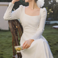 Square collar temperament waist long sleeve dress 2025a gentle long dress R1456