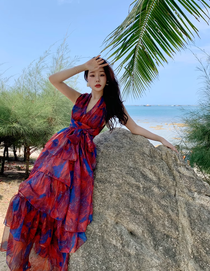 Green halo halter neck backless dress for seaside vacation R1597