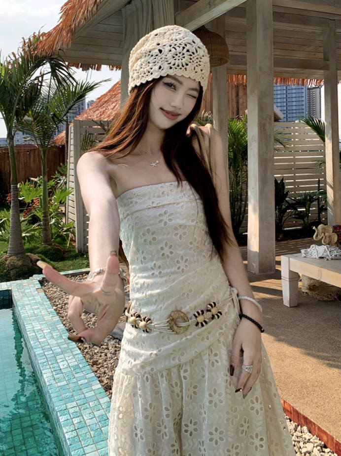 Gentle white moonlight dress hollow embroidery unique waist skirt wear tube top skirt R1704