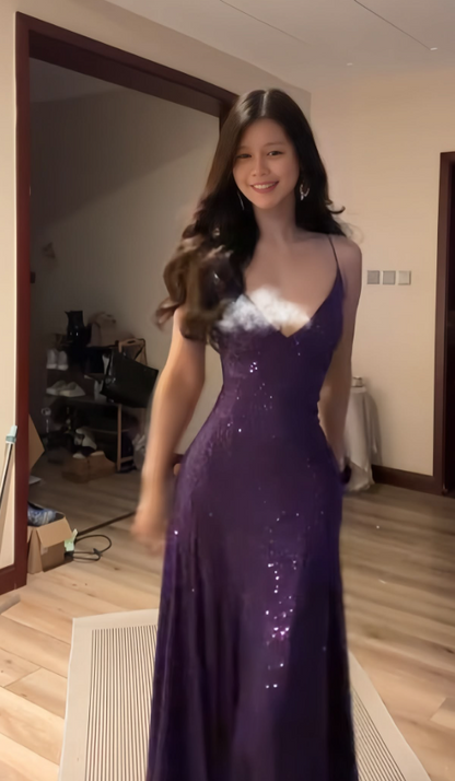 Glitter Spaghetti Straps Prom Gown Deep Purple Women's Maxi Evening Dress Party Dress RS2833