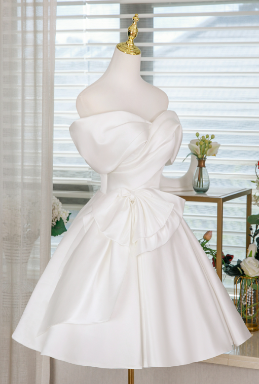 Cute White A-line Bateau Satin Corset Mini Prom Dress Homecoming Dress RS505