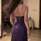 Glitter Spaghetti Straps Prom Gown Deep Purple Women's Maxi Evening Dress Party Dress RS2833