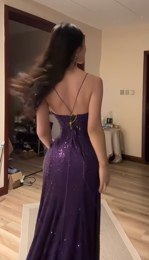Glitter Spaghetti Straps Prom Gown Deep Purple Women's Maxi Evening Dress Party Dress RS2833