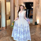 V-neck small flying sleeves printed hollow waist dress women's summer French temperament skirt R4618