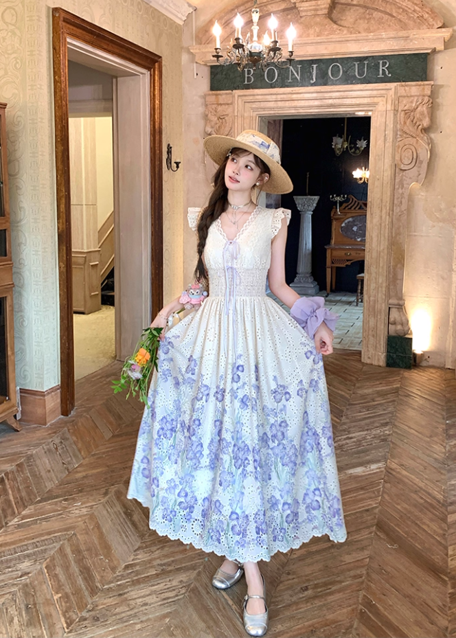 V-neck small flying sleeves printed hollow waist dress women's summer French temperament skirt R4618