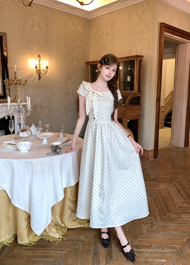 Long waist polka dot short-sleeved dress for women summer French retro temperament skirt R4626