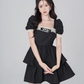 Retro jacquard French dress for women with square collar and lace trim, summer puff sleeves, black slim short skirt R4117