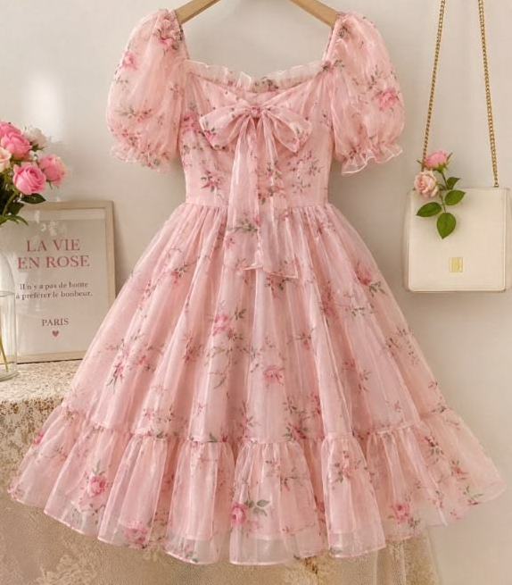 Sweet Pink Floral Homecoming Dress A-Line Square Bow-knot Mini Birthday Dress RS690