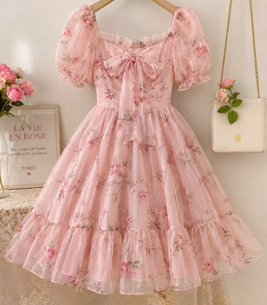 Sweet Pink Floral Homecoming Dress A-Line Square Bow-knot Mini Birthday Dress RS690