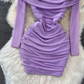 Pure sexy one-shoulder off-shoulder waisted petite short pleated mesh hip-wrapped bottoming dress R0386