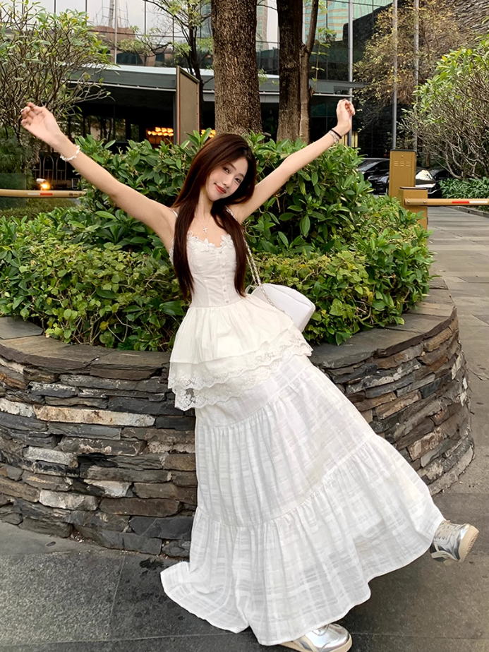 Fairy temperament unique beautiful white sling dress skirt two-piece suit R1730