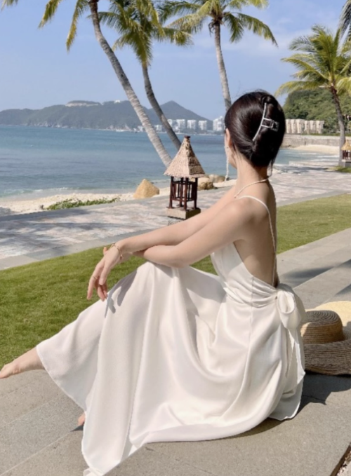 Super hot sling seaside holiday beach dress silk satin sexy backless travel long skirt R1529