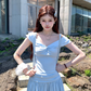 Blue v-neck small flying sleeve t-shirt pleated skirt suit summer French style loose two-piece suit R4913