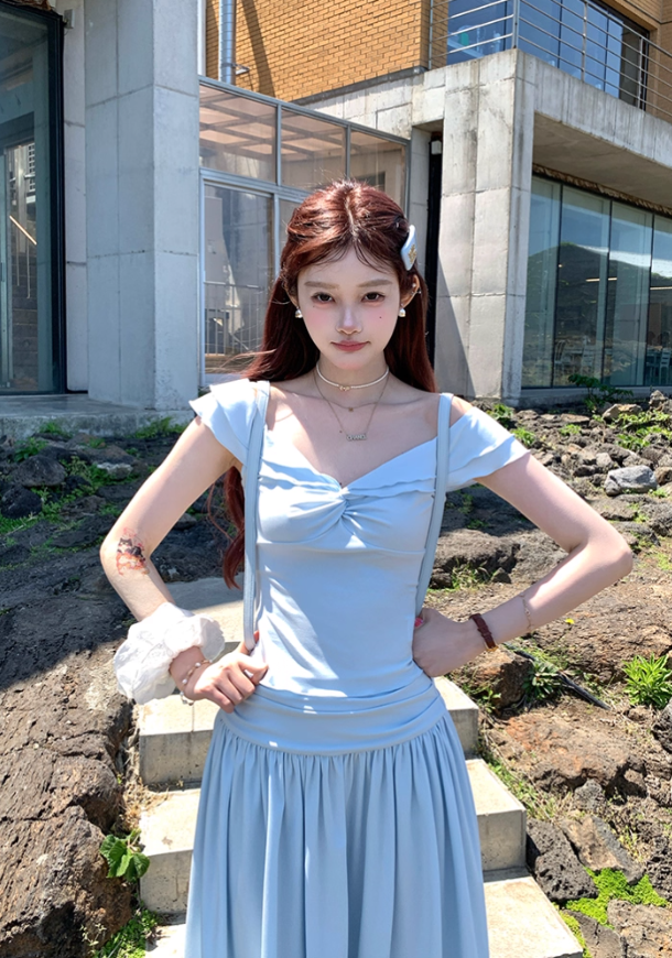 Blue v-neck small flying sleeve t-shirt pleated skirt suit summer French style loose two-piece suit R4913