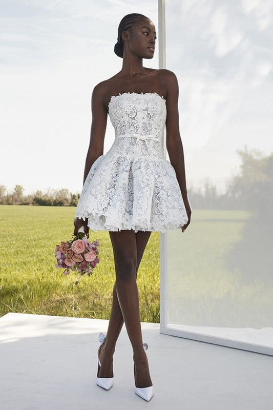 White lace pure tube top waist slim short skirt homecoming dress R3666