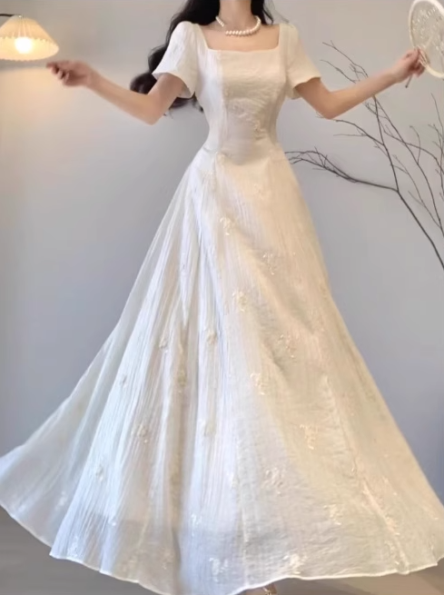 Platycodon French first love dress high-grade gentle temperament unique beautiful waist A-line long skirt R0452