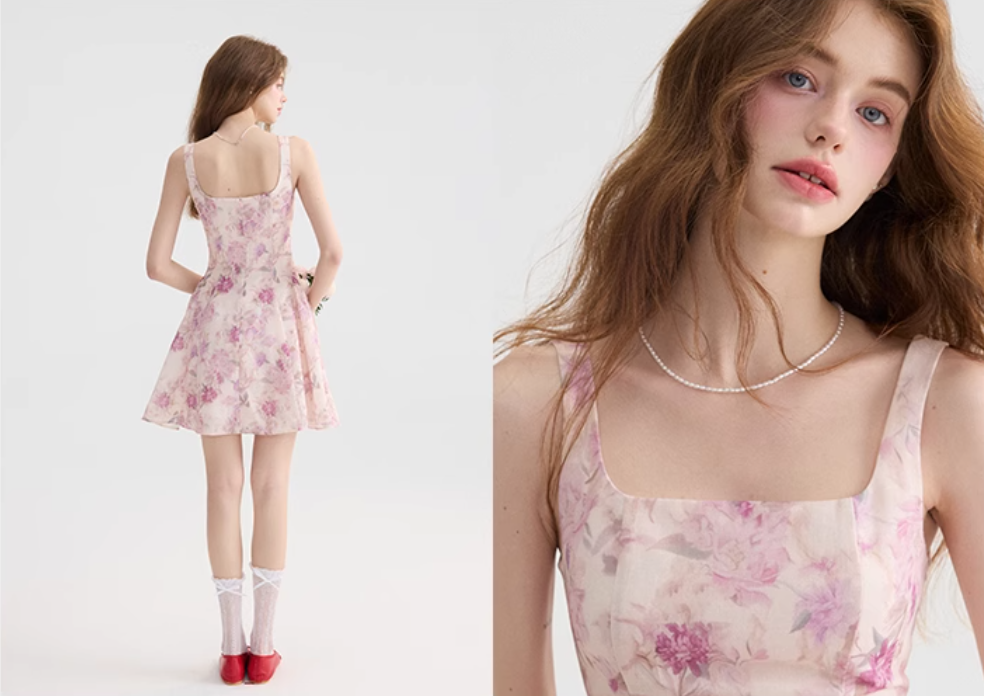 Floral suspender skirt with pink mini skirt R2662