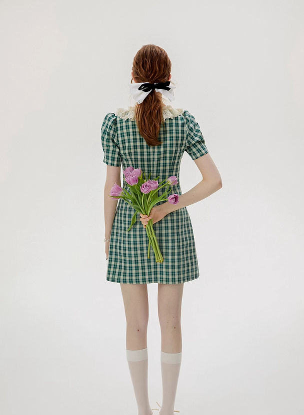 French style green plaid dress summer retro short skirt R2764