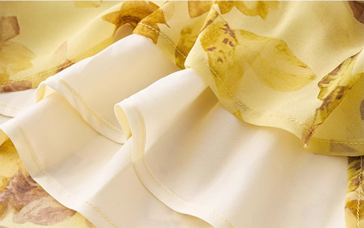 French yellow floral ruffle dress 2025 new temperament long skirt R2597