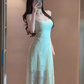 Gentle mint green jacquard suspender dress beautiful atmosphere small skirt R0806