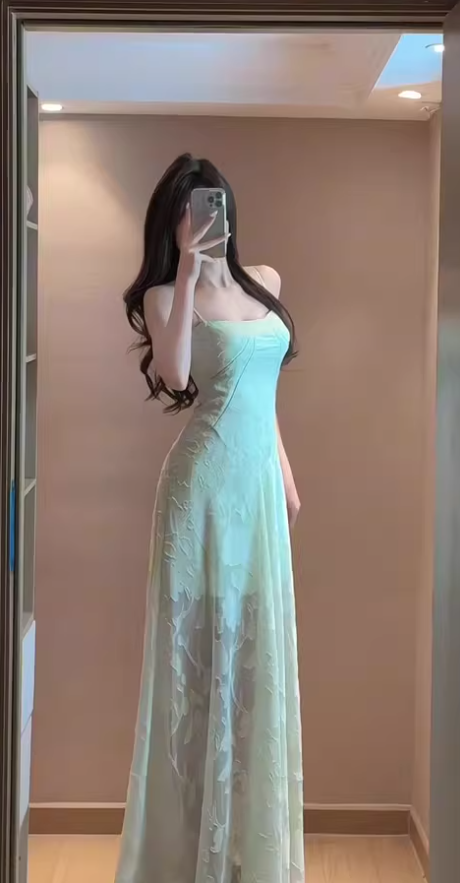 Gentle mint green jacquard suspender dress beautiful atmosphere small skirt R0806