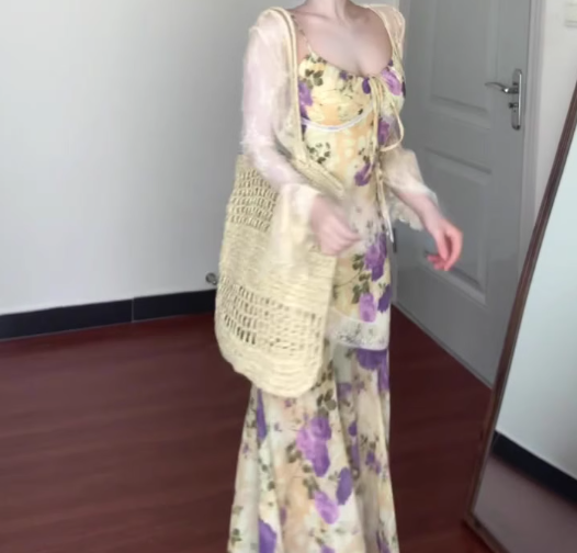 Suspender floral dress beautiful small skirt gentle temperament waist fishtail skirt R0664