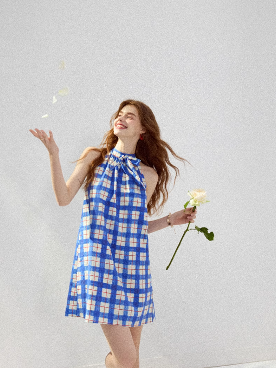 Plaid dress halter neck suspender skirt short skirt vacation wear skirt women summer R3455