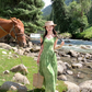 Green long v-neck small flying sleeve waist suspender dress summer temperament skirt R4906