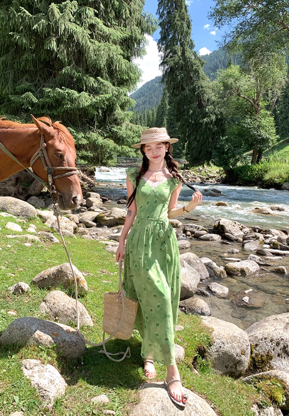 Green long v-neck small flying sleeve waist suspender dress summer temperament skirt R4906