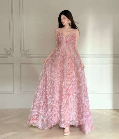 Elegant Pink Floral Prom Dress A-Line Sheer Straps Maxi Celebrity Dress RS709