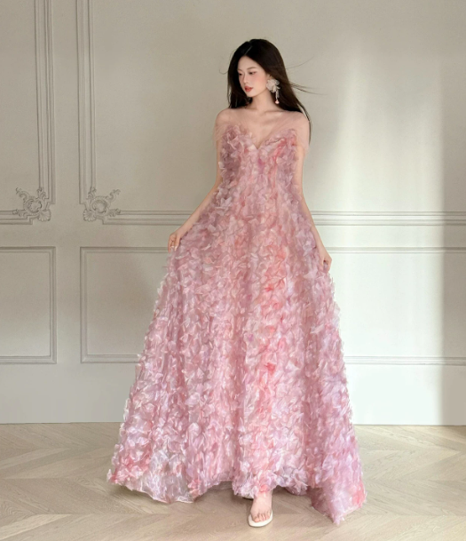 Elegant Pink Floral Prom Dress A-Line Sheer Straps Maxi Celebrity Dress RS709