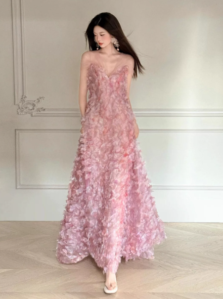 Elegant Pink Floral Prom Dress A-Line Sheer Straps Maxi Celebrity Dress RS709