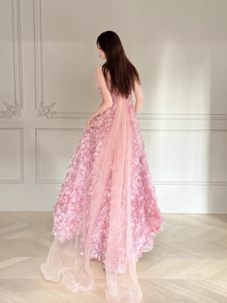 Elegant Pink Floral Prom Dress A-Line Sheer Straps Maxi Celebrity Dress RS709