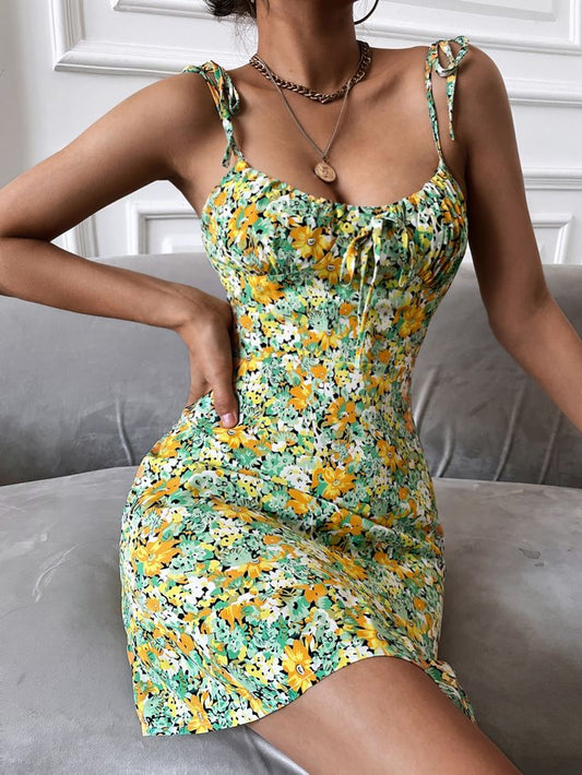 Green pastoral style suspenders waist slim short skirt homecoming dress R3214