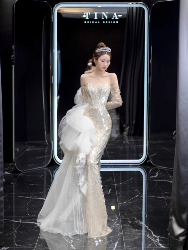 Apricot Strapless Sequined Waist Slim Fit Sexy Fishtail Skirt Bridal Dress R6021