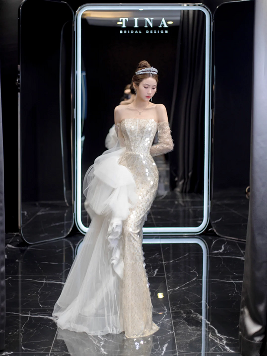 Apricot Strapless Sequined Waist Slim Fit Sexy Fishtail Skirt Bridal Dress R6021