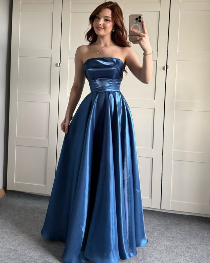 Silky Satin Strapless Corset Prom Gown , Navy Women's Maxi Evening Dress Ball Gown RS2602