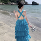 Blue seaside holiday long dress cake dress halter neck backless dress waist beach dress R1589