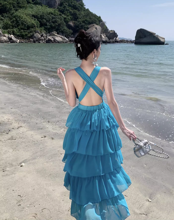 Blue seaside holiday long dress cake dress halter neck backless dress waist beach dress R1589