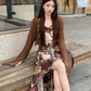 Fairy oil painting style suspender skirt swallowtail skirt dress lace cardigan two-piece suit R1718