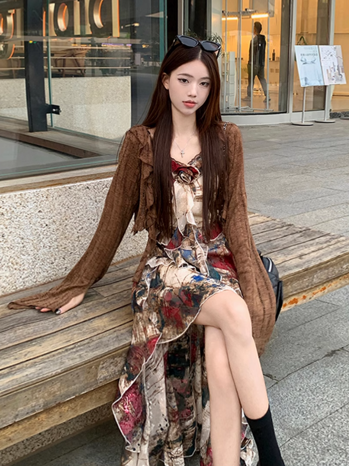 Fairy oil painting style suspender skirt swallowtail skirt dress lace cardigan two-piece suit R1718